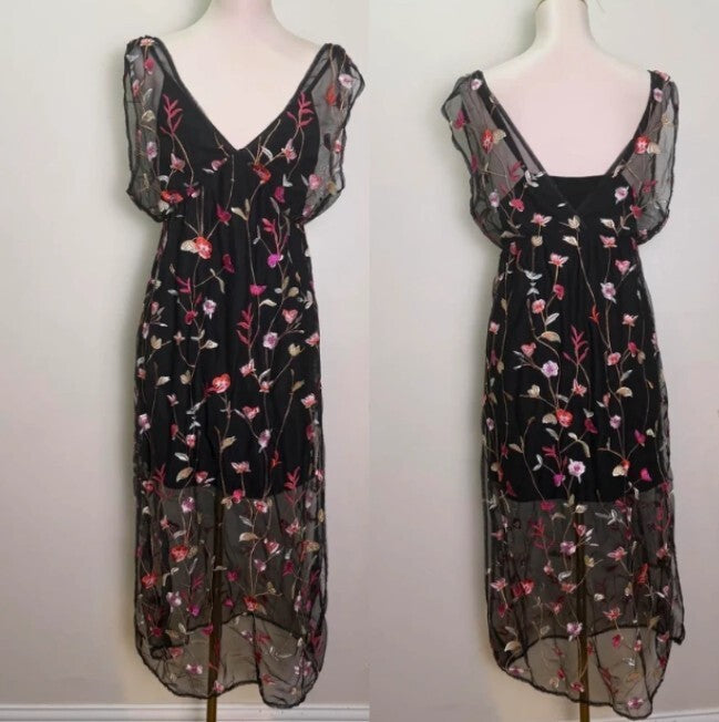 Black Embroidered Floral Mesh Maxi Dress Boho Evening Dance & Marvel