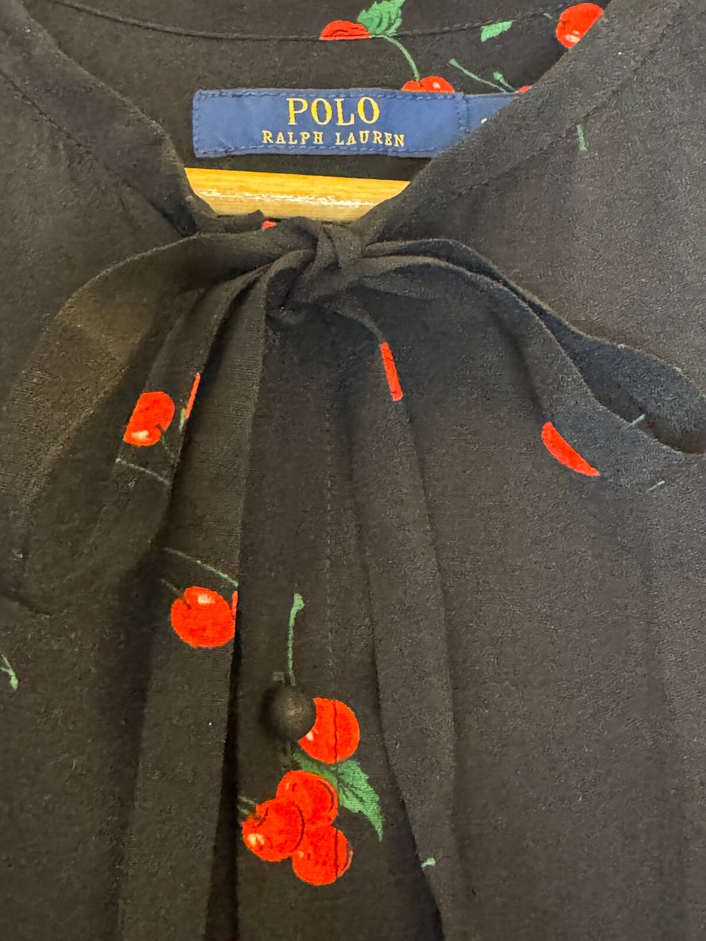 Polo Ralph Lauren Cherry Print Crepe Dress Womens 8 Black Tie Neck Midi