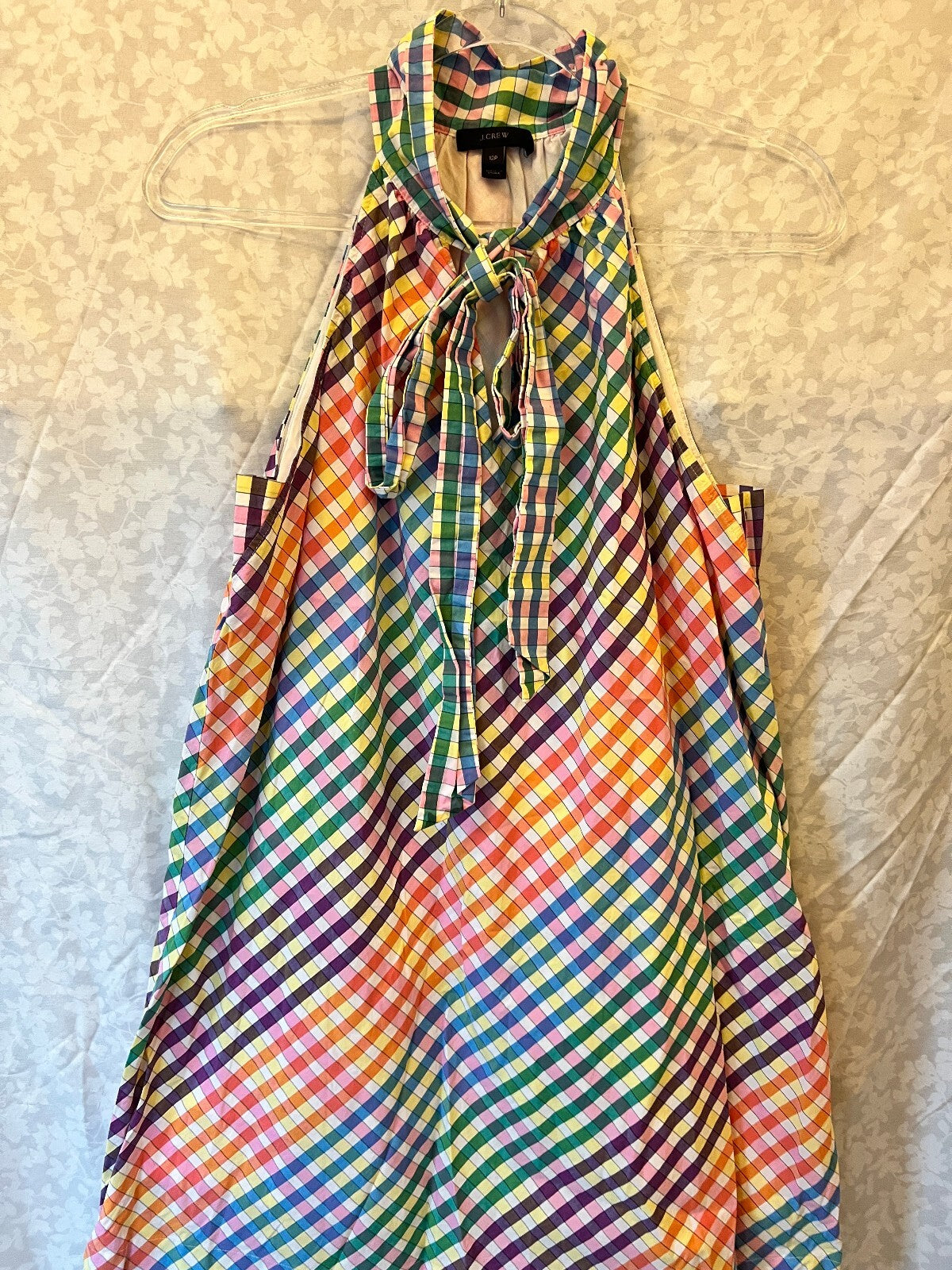 J.Crew Rainbow Gingham Tie Neck Dress 12P Petite Preppy Resort Plaid