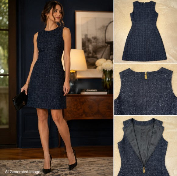 Tory Burch Aria Tweed Dress Navy Metallic Sleeveless A-Line Sheath Size 6