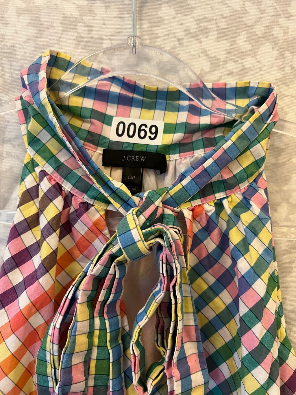 J.Crew Rainbow Gingham Tie Neck Dress 12P Petite Preppy Resort Plaid