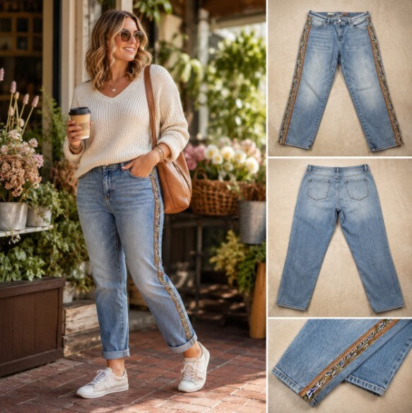 Anthropologie Pilcro Boyfriend Jeans 29 Camo Side Stripe Mid Rise Denim