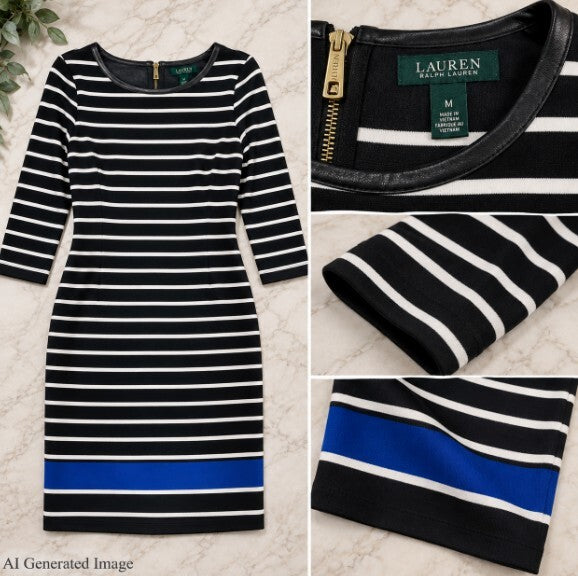 Lauren Ralph Lauren Striped Sheath Dress M Preppy Black White Blue Faux Leather