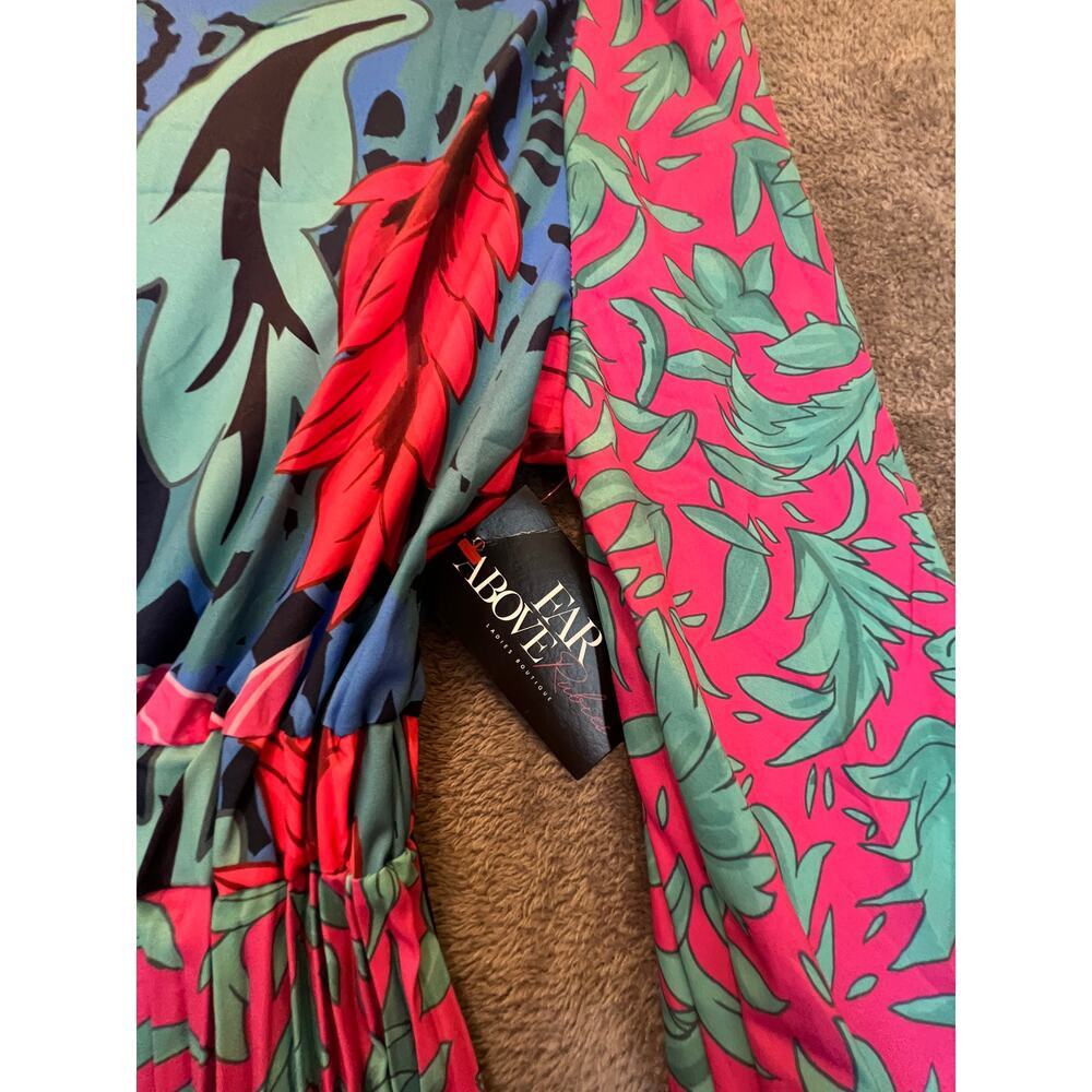 Far Above Rubies Tropical Print Pleated Midi Dress Tie Neck 3/4 Sleeve 3XL