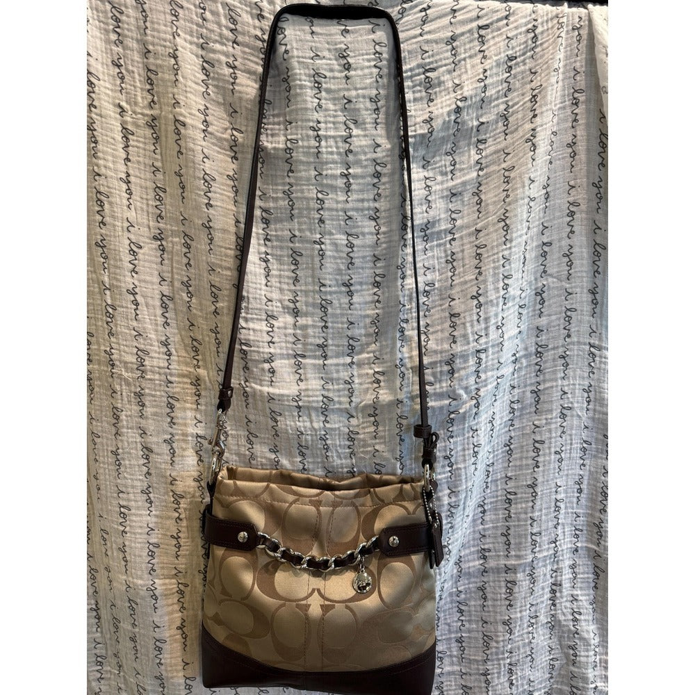 Coach Khaki Signature Jacquard Convertible Shoulder Bag Mahogany Leather F18862