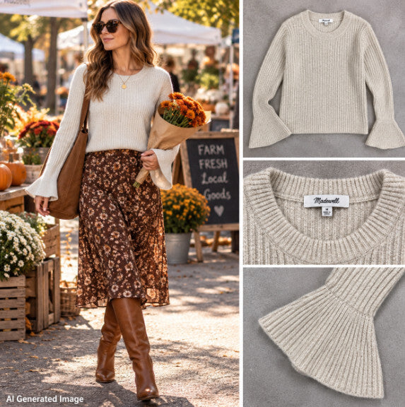 Madewell Ruffle Cuff Pullover Sweater M Heather Oak Wool Blend Ribbed K5771