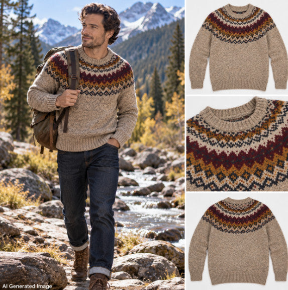 Mens L Retro Fair Isle Sweater California Pioneers Vintage Style Nordic Wool