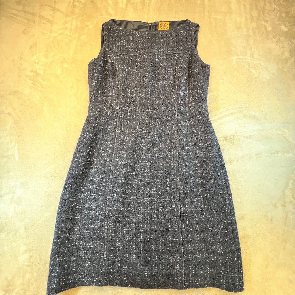Tory Burch Aria Tweed Dress Navy Metallic Sleeveless A-Line Sheath Size 6