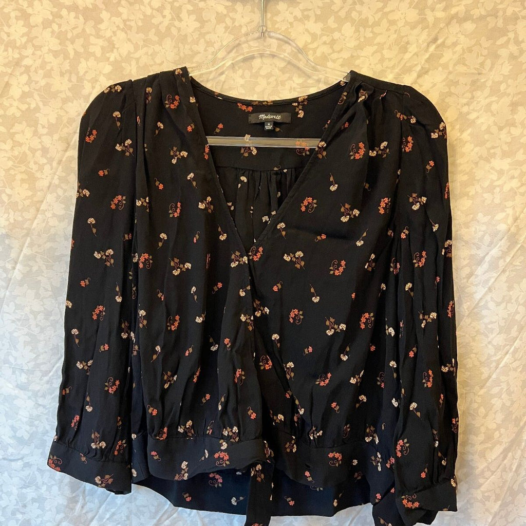 70s Boho Floral Wrap Blouse Tie Waist Puff Sleeve Madewell Medium