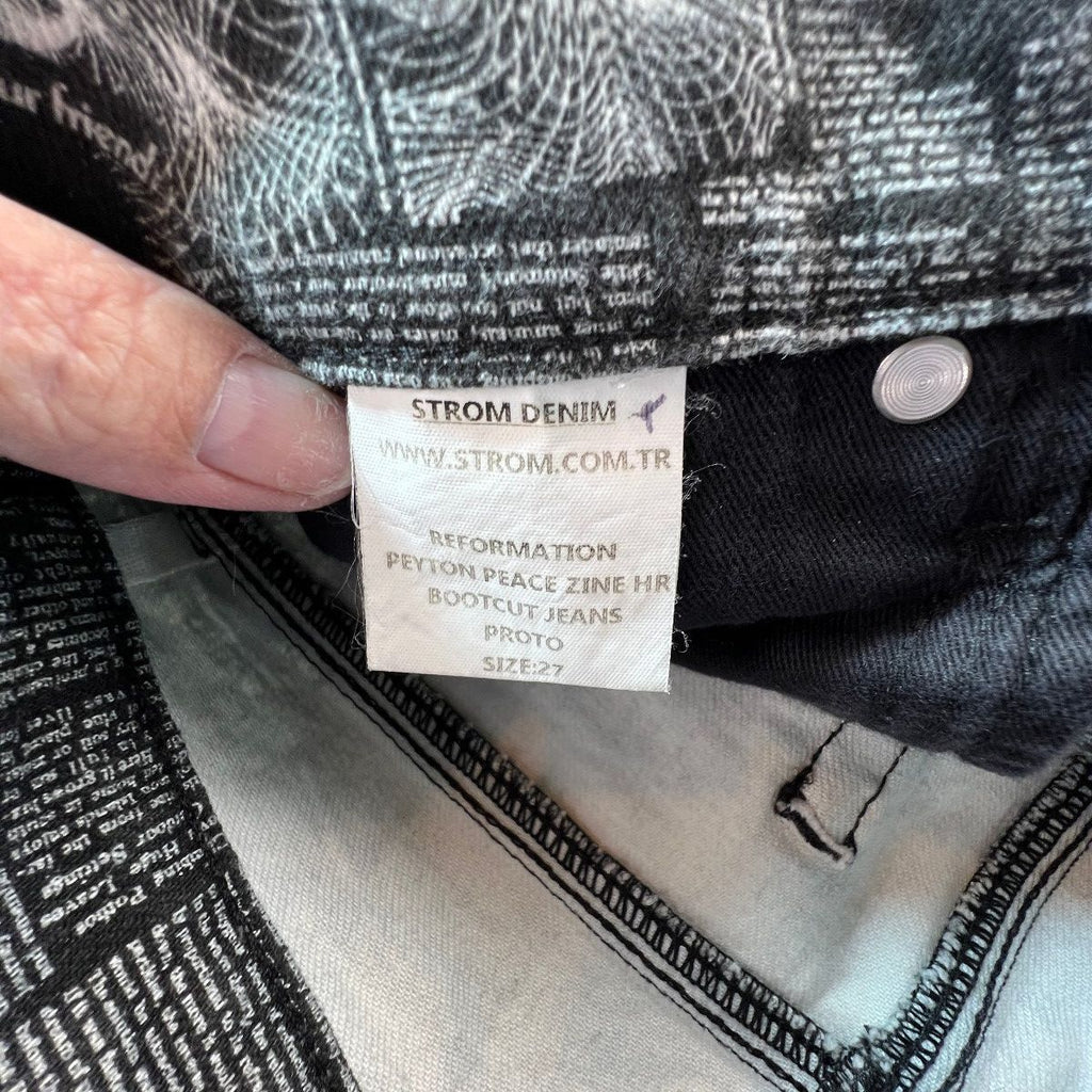 Reformation Peyton Zine Jeans 27 Black Newsprint High Rise Bootcut Graphic Rare