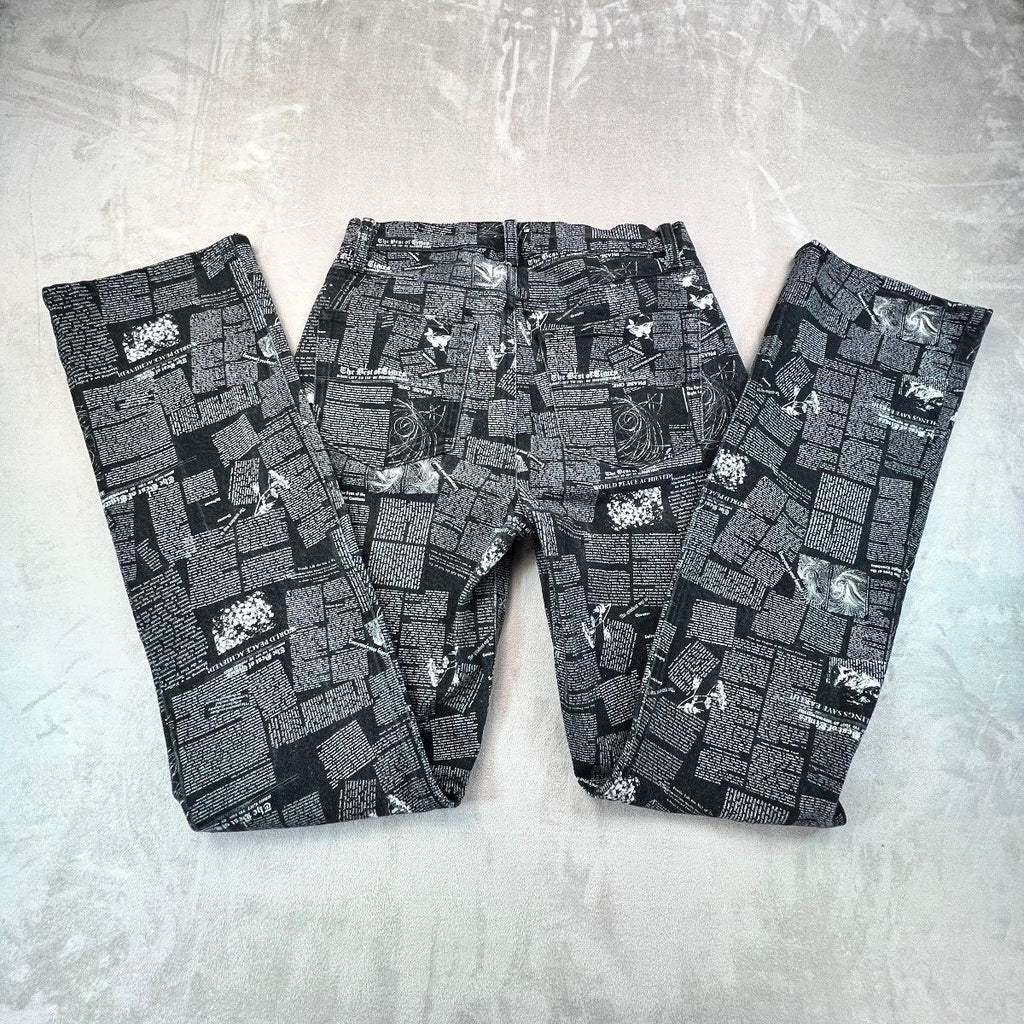 Reformation Peyton Zine Jeans 27 Black Newsprint High Rise Bootcut Graphic Rare