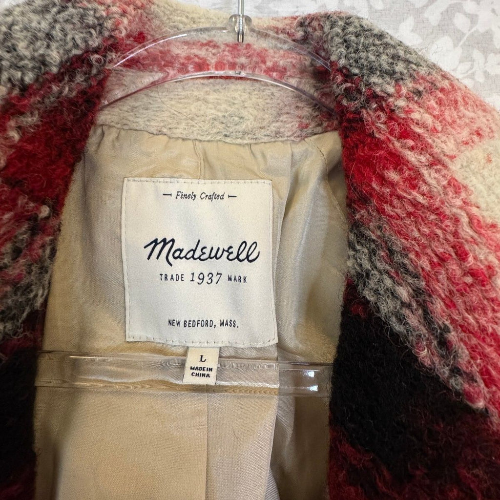 Madewell Plaid Wool Blend Coat Large Red Black Cream E2350 Fall 2015
