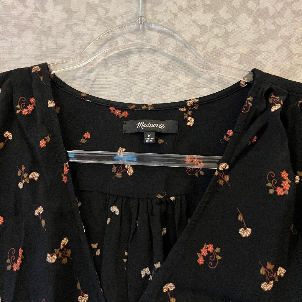 70s Boho Floral Wrap Blouse Tie Waist Puff Sleeve Madewell Medium