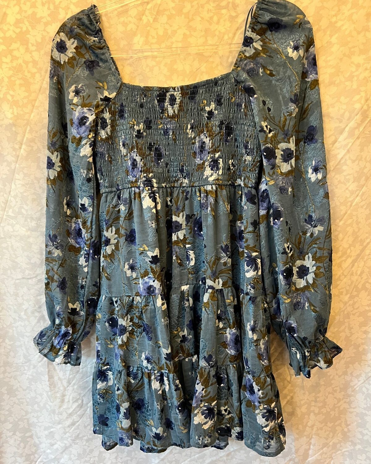 NWT Moody Blue Floral Mini Dress Smocked Bodice Puff Sleeve Cottagecore