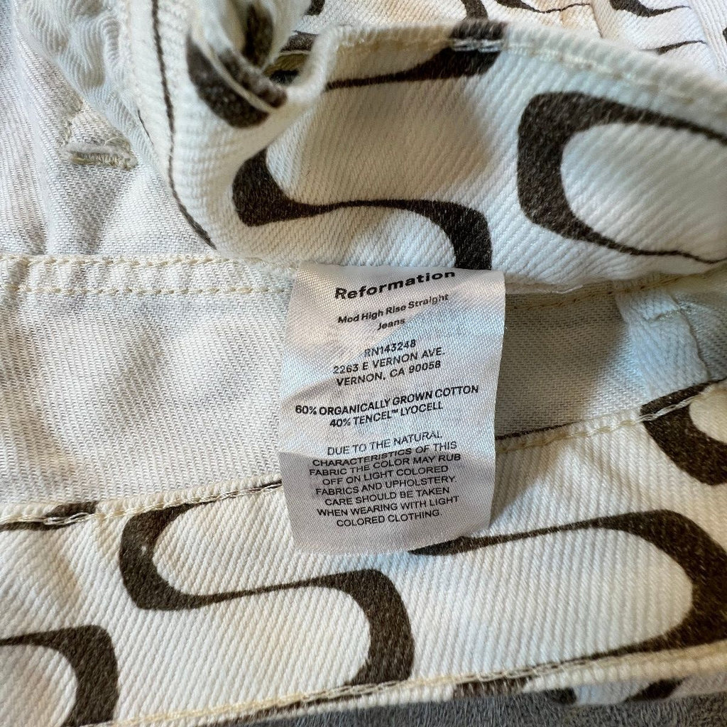 Reformation Mod High Rise Straight Jeans 28 Frequency Print Brown Ivory Organic