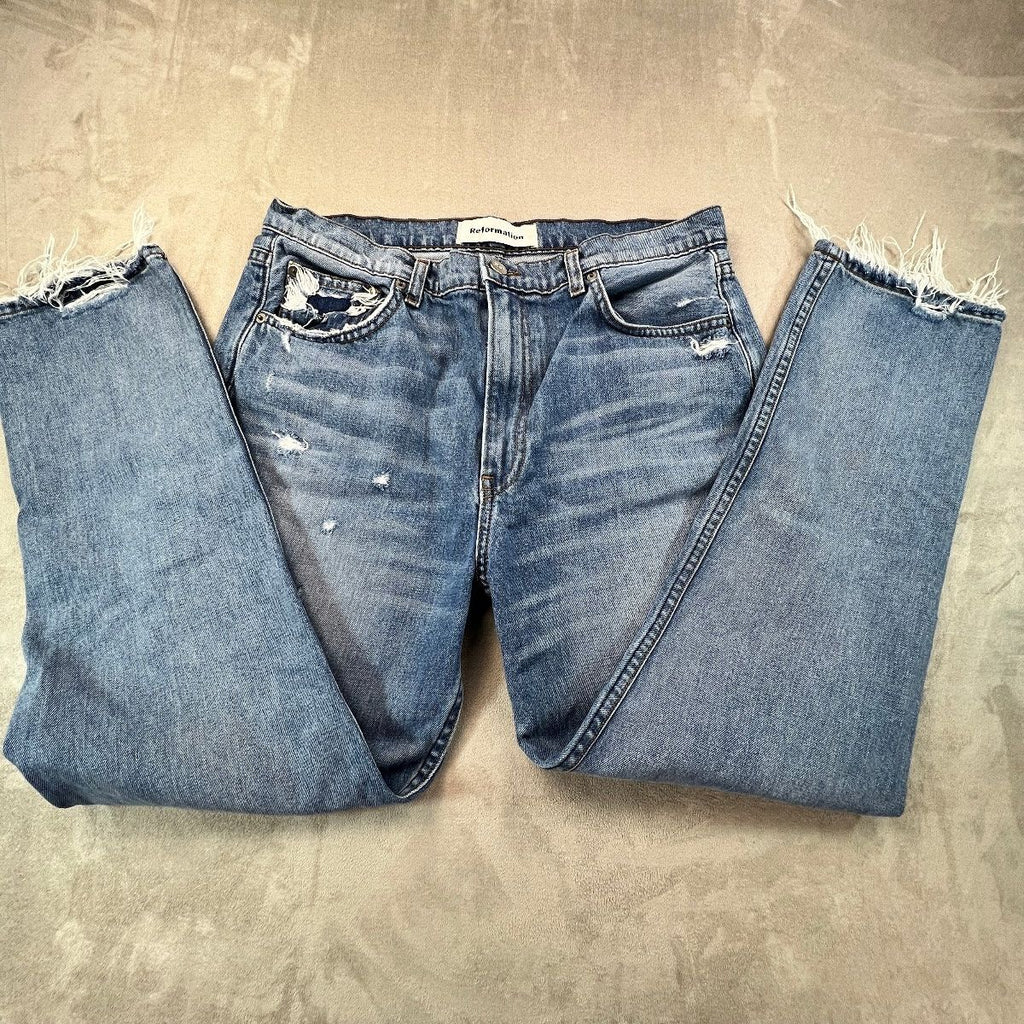 Reformation Julia Jeans Womens 31 Blue Distressed Raw Hem Straight Leg Made USA