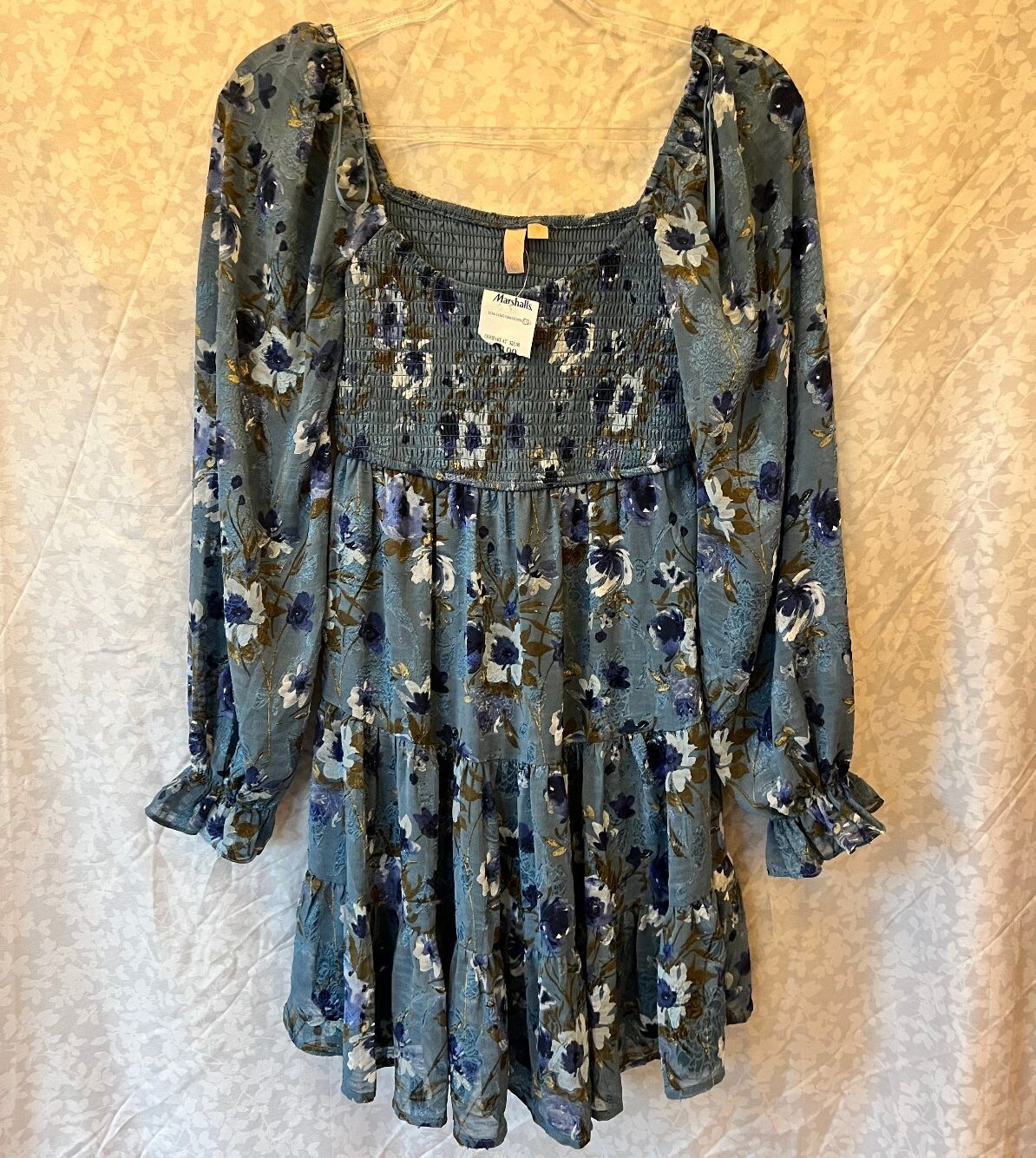 NWT Moody Blue Floral Mini Dress Smocked Bodice Puff Sleeve Cottagecore