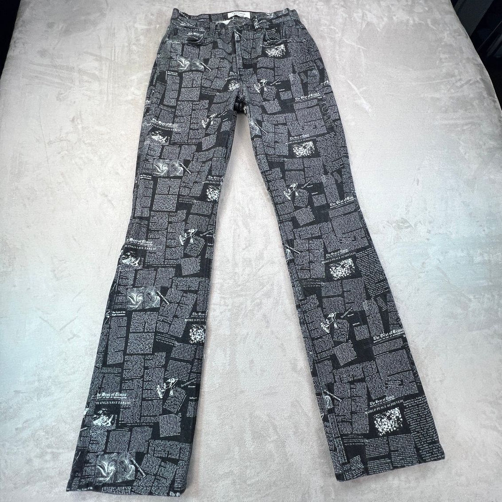 Reformation Peyton Zine Jeans 27 Black Newsprint High Rise Bootcut Graphic Rare