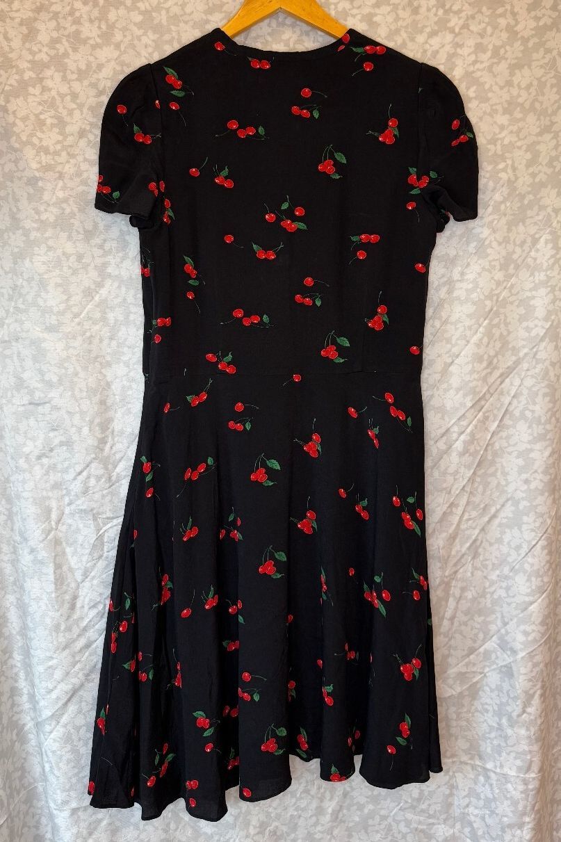 Polo Ralph Lauren Cherry Print Crepe Dress Womens 8 Black Tie Neck Midi