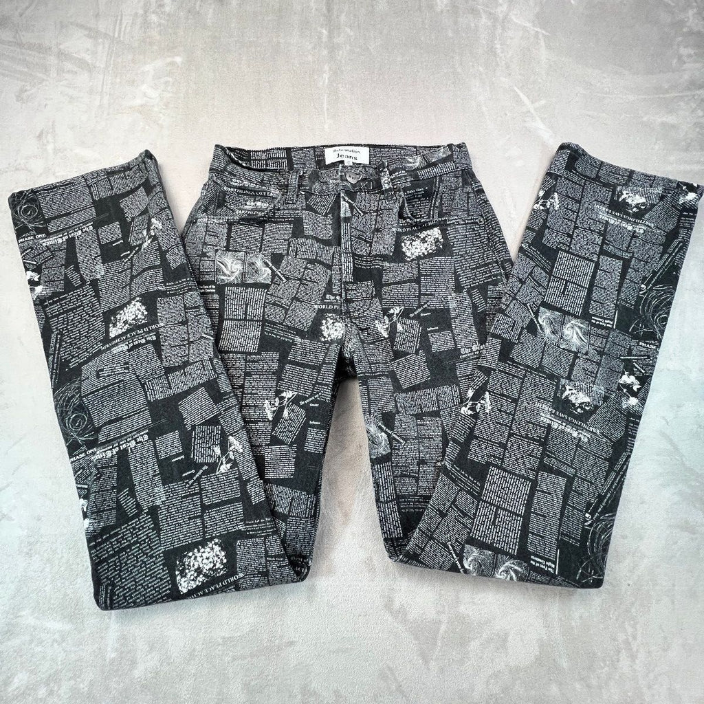 Reformation Peyton Zine Jeans 27 Black Newsprint High Rise Bootcut Graphic Rare