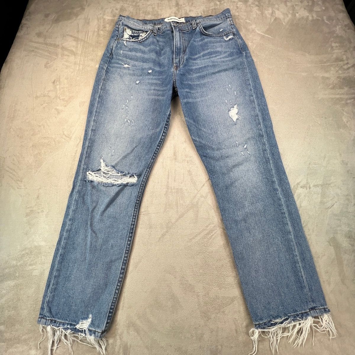 Reformation Julia Jeans Womens 31 Blue Distressed Raw Hem Straight Leg Made USA