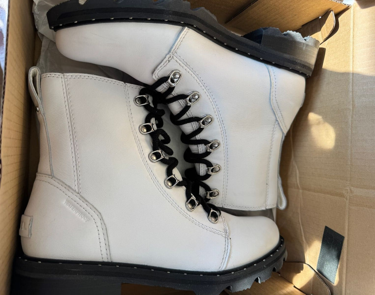 SOREL Lennox Lace Waterproof Leather Combat Boots White 8.5