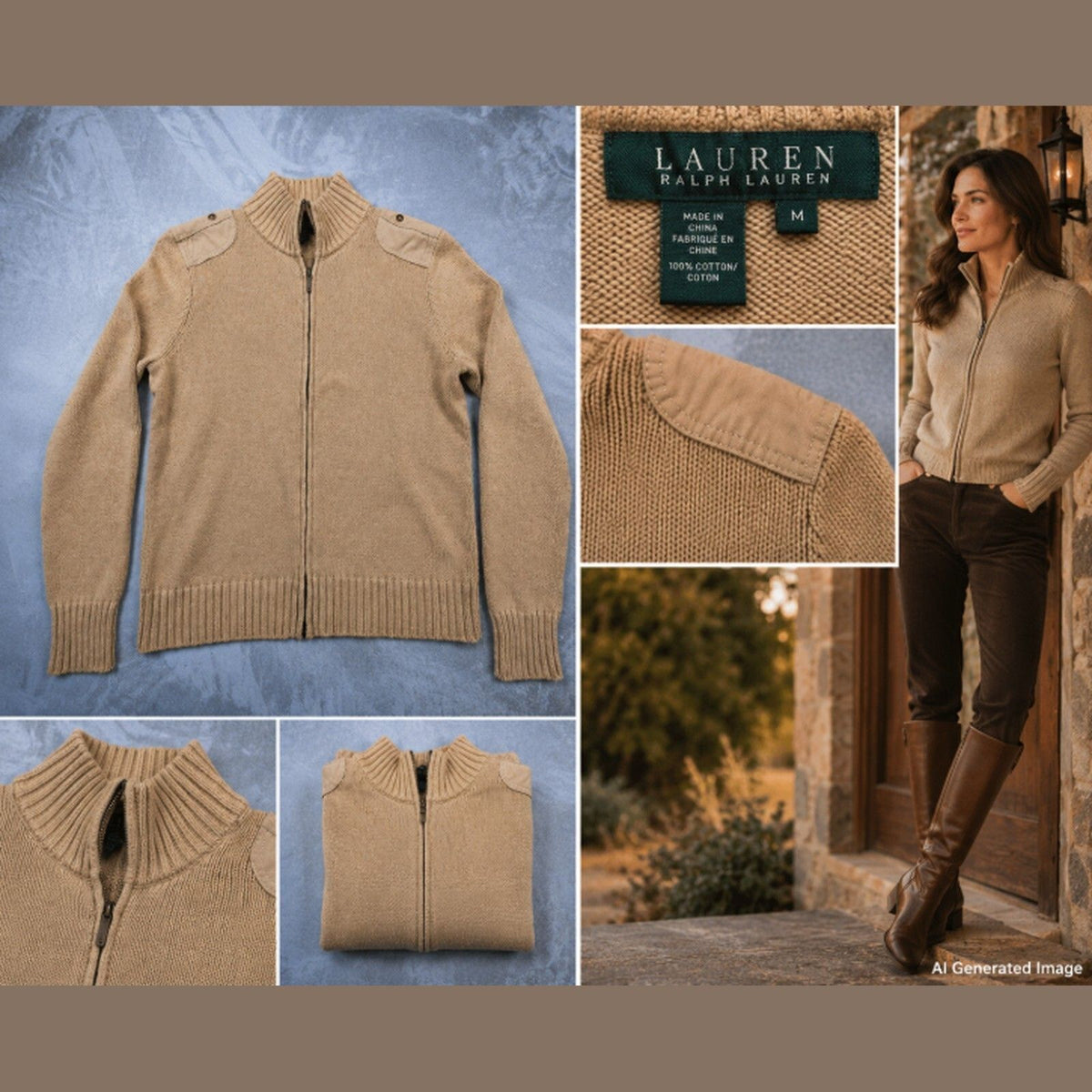 Lauren Ralph Lauren Women's Cotton Full Zip Sweater Sand