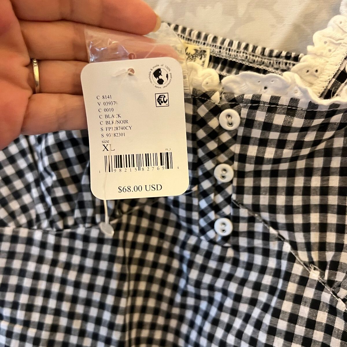 Free People Cassie Bodysuit XL NWT Black White Gingham Eyelet Cottagecore