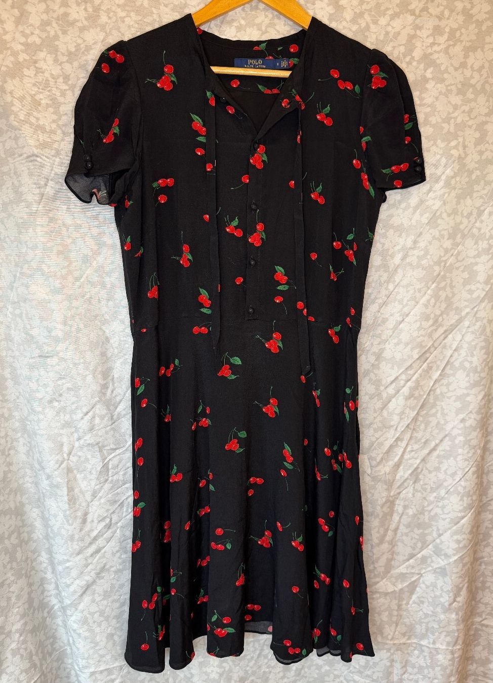 Polo Ralph Lauren Cherry Print Crepe Dress Womens 8 Black Tie Neck Midi
