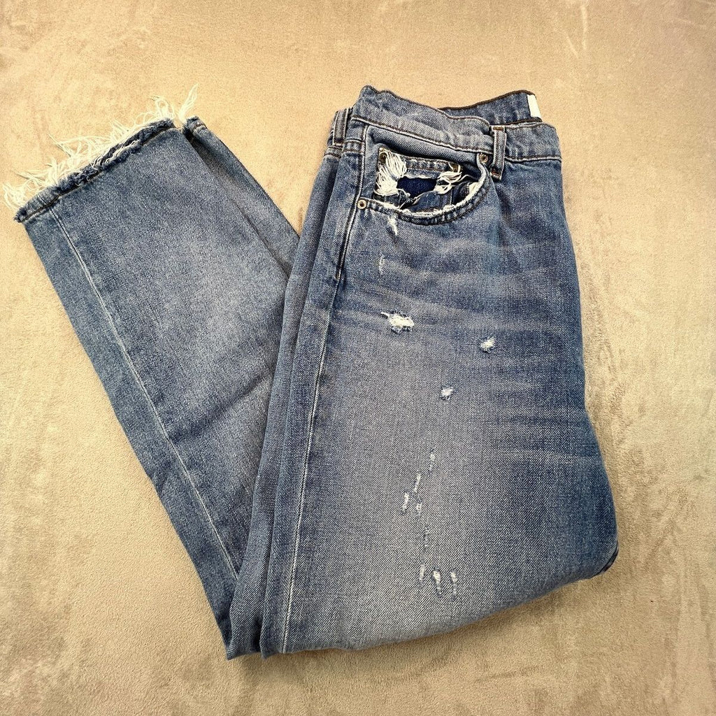 Reformation Julia Jeans Womens 31 Blue Distressed Raw Hem Straight Leg Made USA