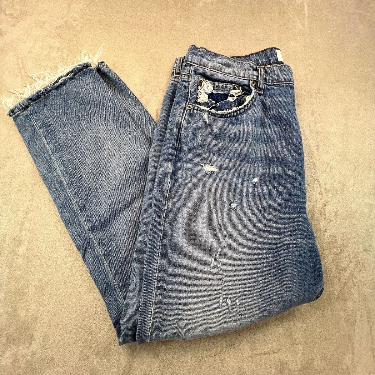 Reformation Julia Jeans Womens 31 Blue Distressed Raw Hem Straight Leg Made USA