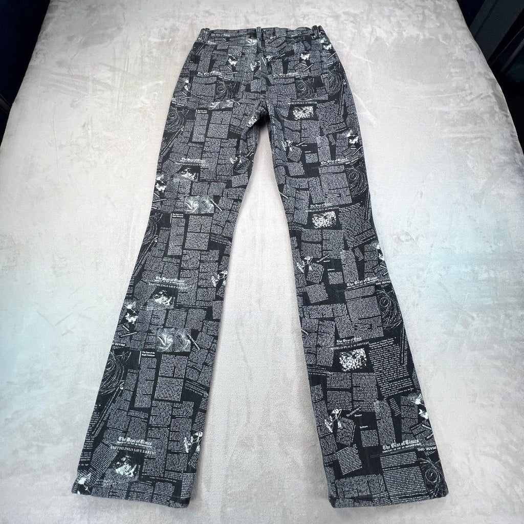 Reformation Peyton Zine Jeans 27 Black Newsprint High Rise Bootcut Graphic Rare