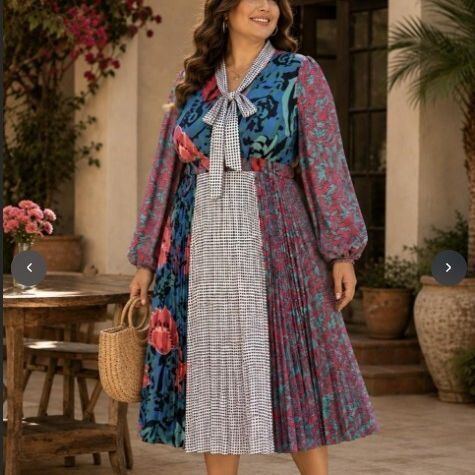 Far Above Rubies Tropical Print Pleated Midi Dress Tie Neck 3/4 Sleeve 3XL
