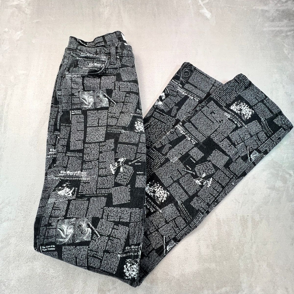 Reformation Peyton Zine Jeans 27 Black Newsprint High Rise Bootcut Graphic Rare