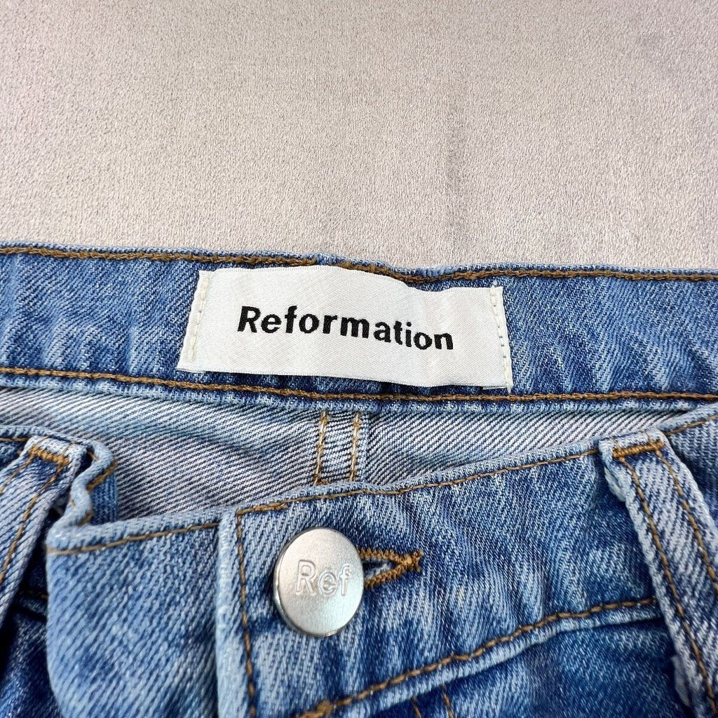 Reformation Julia Jeans Womens 31 Blue Distressed Raw Hem Straight Leg Made USA
