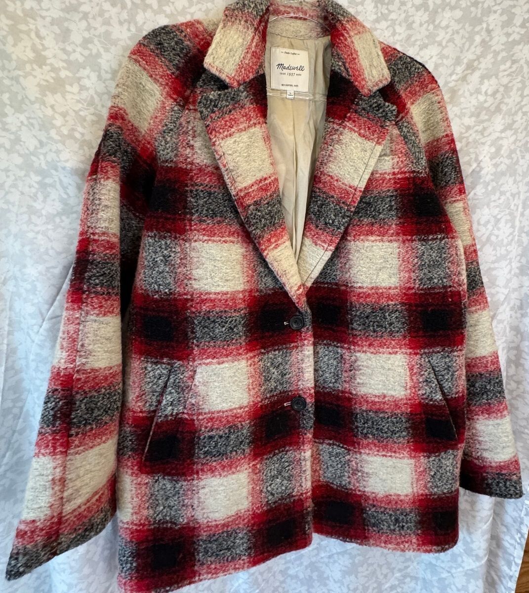 Madewell Plaid Wool Blend Coat Large Red Black Cream E2350 Fall 2015