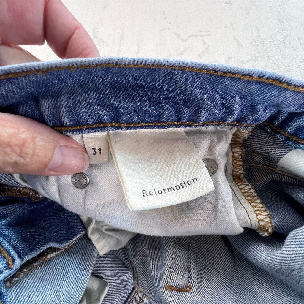 Reformation Julia Jeans Womens 31 Blue Distressed Raw Hem Straight Leg Made USA