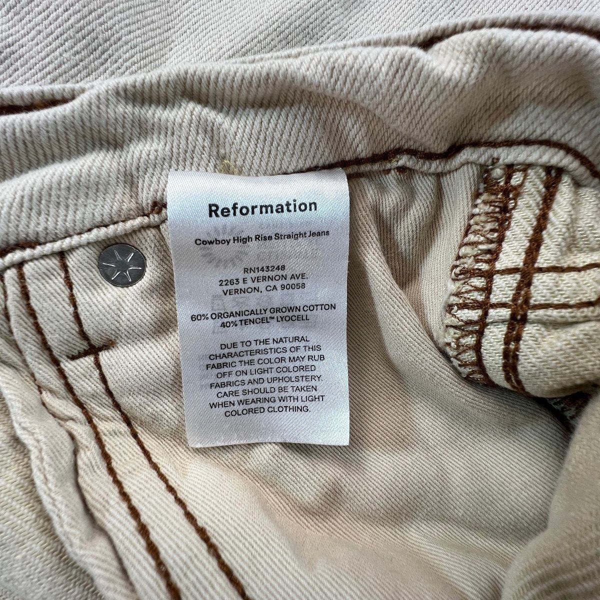 Reformation Cowboy High Rise Straight Jeans Size 30 Almond Cream Organic Cotton
